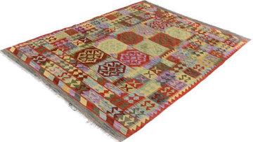 Flat Weave Kilim, Antique, Navaho, Vintage, Handmade, Geometric Kilim Blue Gray Hand-Woven Rectangle 100% Wool Area Rug 5 x 7